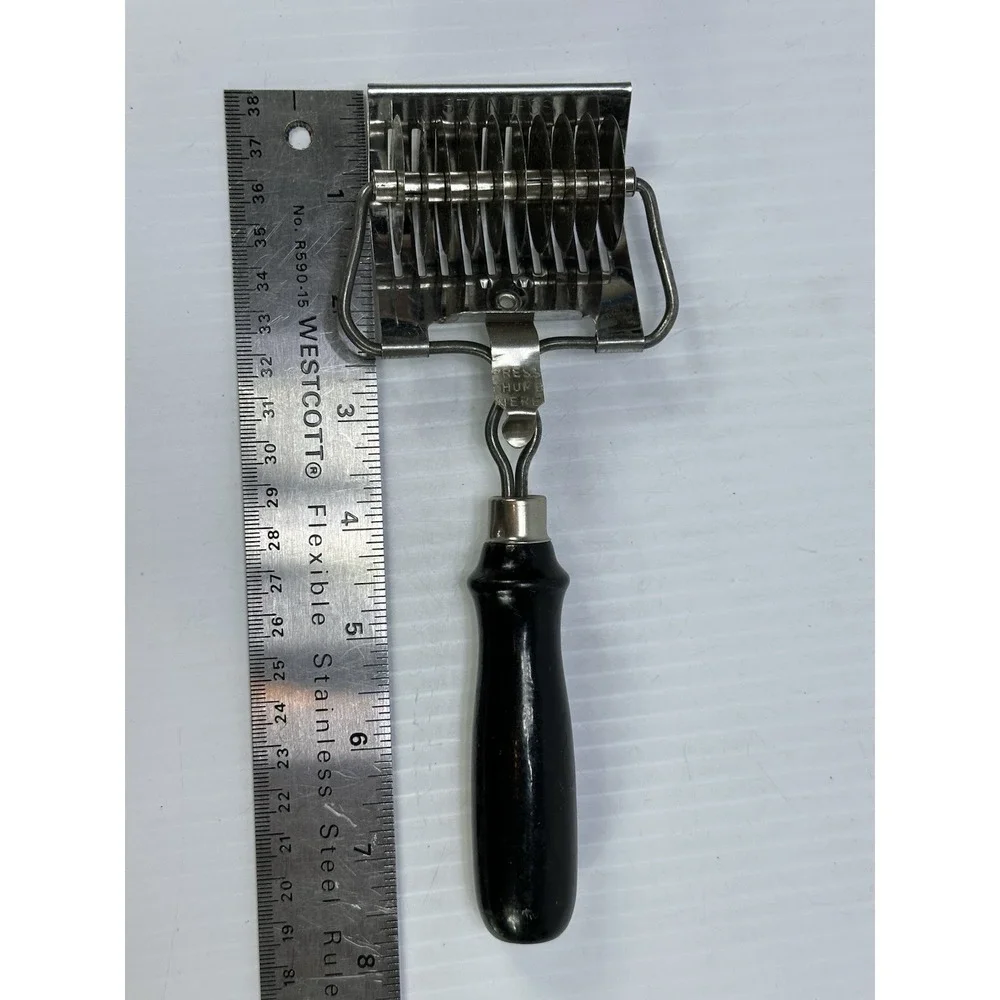 Vintage Antique Stainless Metal Pasta Pastry Cutter Roller Black Wood Handle USA
